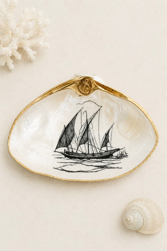 Decoupage Clam Shell Trinket Dish Sailboat Art
