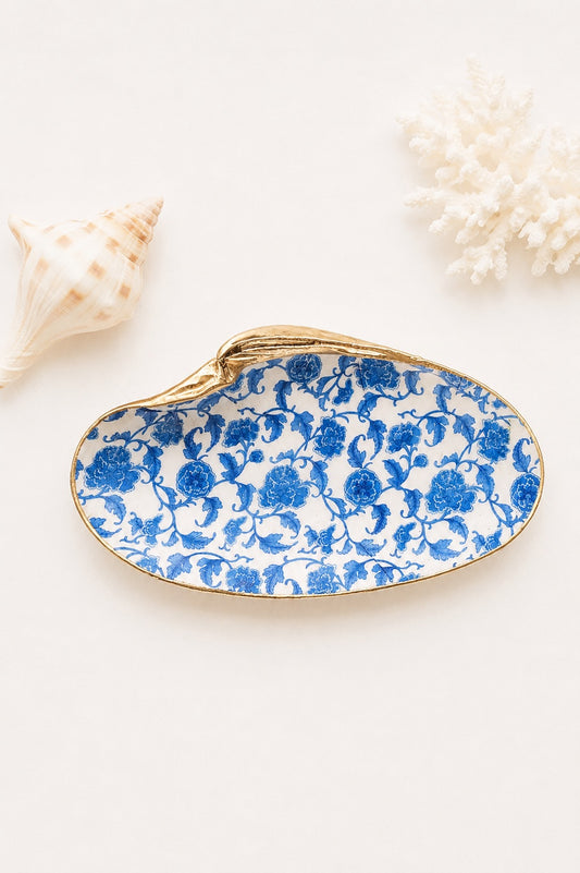 Decoupage Chinoiserie Clam Shell Ring Dish – Blue & White Jewelry Holder, Coastal Decor