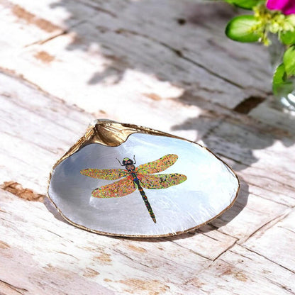 Decoupage Clam Shell Trinket Dish Dragonfly Art