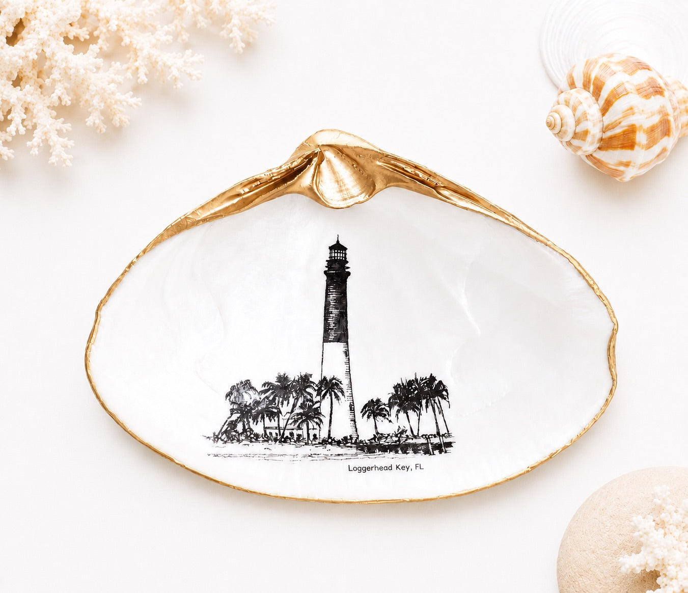 Decoupage Clam Shell Trinket Dish Dry Tortugas Lighthouse Art