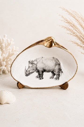Rhinoceros Art Decoupage Clam Shell Ring Dish – Dürer-Inspired Nature Lover Gift