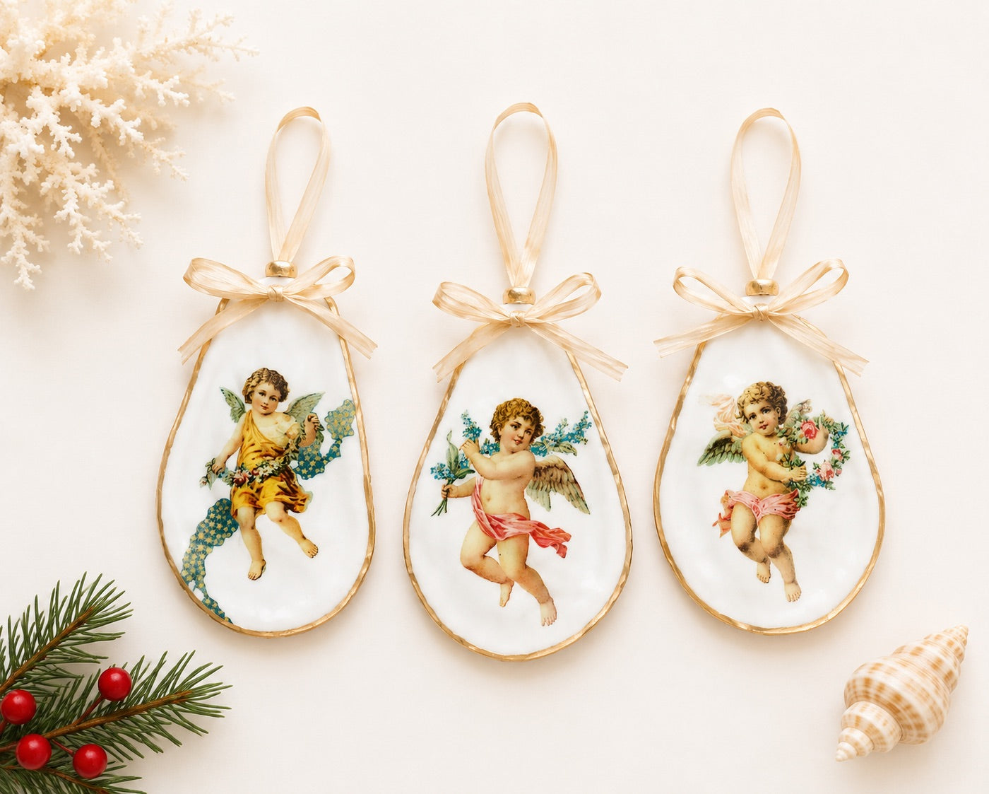 Holiday Angels Decoupage Oyster Shell Ornaments