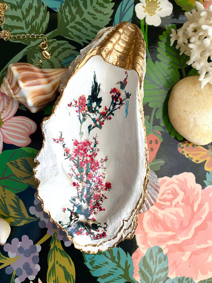 Cherry Blossom Oyster Shell Trinket Dish – Hand-Crafted Decoupage Art