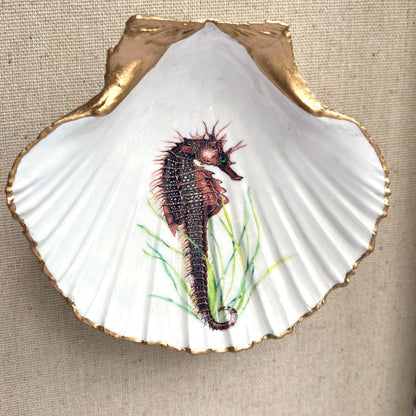Vintage Seahorse Scallop Shell Ring Dish, Coastal Beach House Decor, Ocean Lover Gift