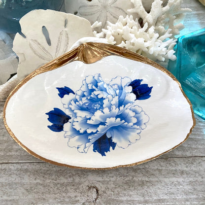 Decoupage Clam Shell Trinket Dish Floral Chinoiserie Art