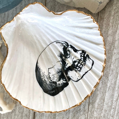 Decoupage Scallop Shell Trinket Dish Skull Art
