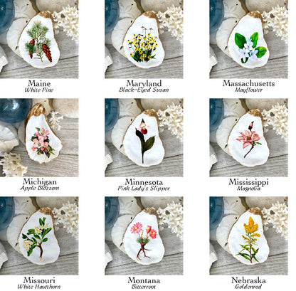 Decoupage Oyster Shell Ring Dish – State Flower Art Coastal Jewelry Holder, Hostess Gift