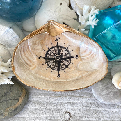 Decoupage Clam Shell Nautical Compass Art Trinket Dish