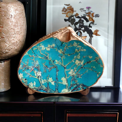 Decoupage Clam Shell Jewelry Dish – Almond Blossoms Art, Coastal Tabletop Decor