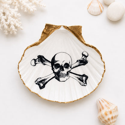 Decoupage Scallop Shell Trinket Dish Skull & Crossbones
