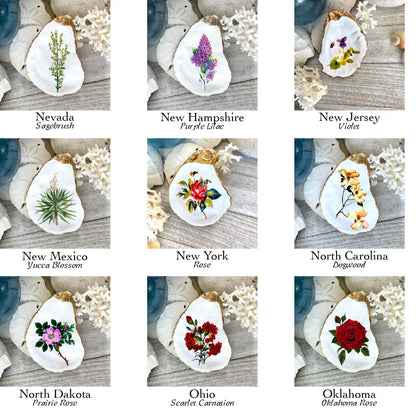 Decoupage Oyster Shell Ring Dish – State Flower Art Coastal Jewelry Holder, Hostess Gift
