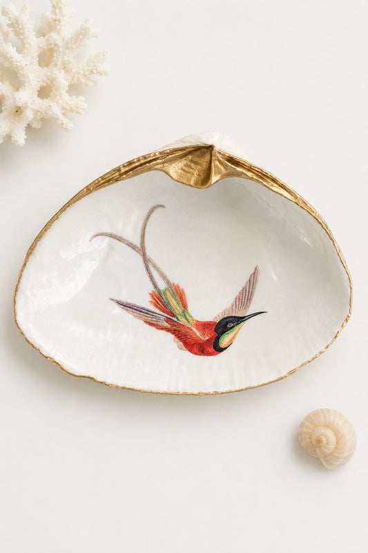 Decoupage Clam Shell Ring Dish – Hummingbird Design Bird Lover Art