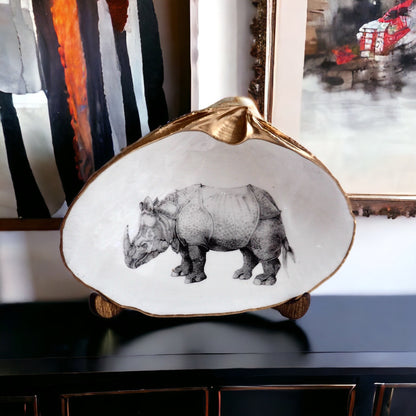 Rhinoceros Art Decoupage Clam Shell Ring Dish – Dürer-Inspired Nature Lover Gift