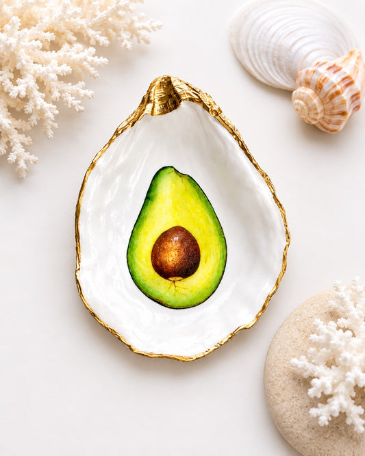 Avocado Oyster Shell Ring Dish – Decoupage Jewelry Holder, Gold Leaf Trinket Dish, Foodie Gift, Boho Cottagecore Decor, Kitchen Ring Dish