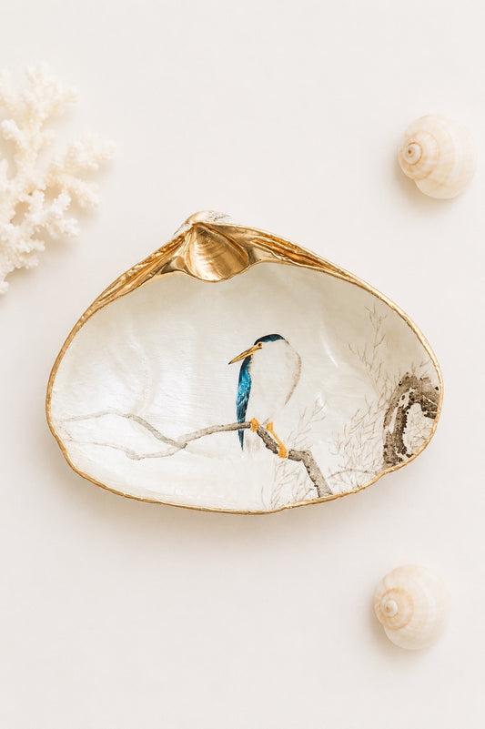 Decoupage Clam Shell Dish Night Heron Bird Art