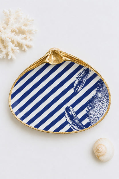 Blue & White Stripe Decoupage Clam Shell Trinket Dish
