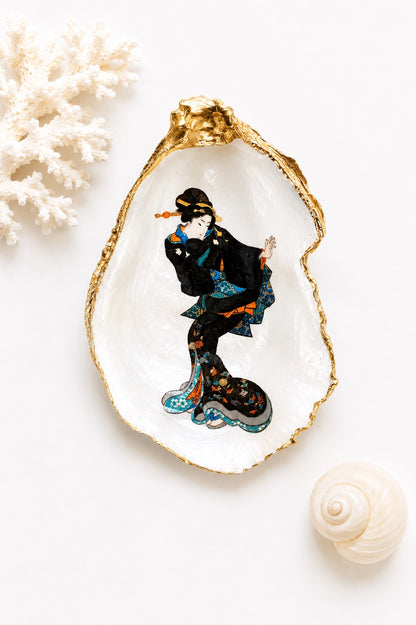 Decoupage Oyster Shell Trinket Dish Geisha Art