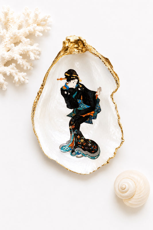 Decoupage Oyster Shell Trinket Dish Geisha Art