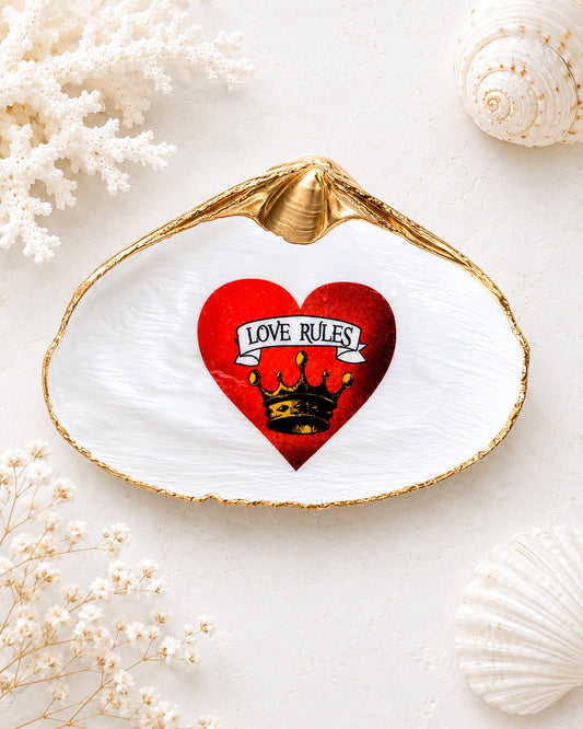 Decoupage Clam Shell Trinket Dish, "Love Rules" Valentine's Day Gift