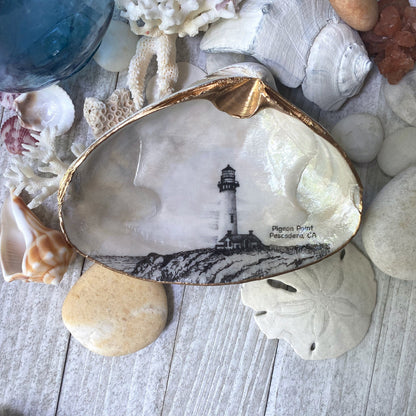 Decoupage Clam Shell Trinket Dish Pigeon Point Lighthouse Art