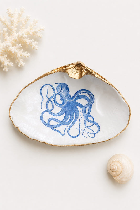 Decoupage Clam Shell Blue Octopus