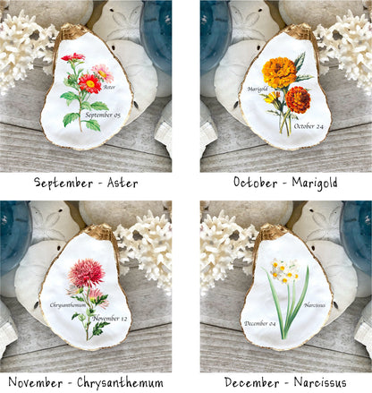 Decoupage Birth Flower Oyster Shell Ring Dish – Personalized Coastal Jewelry Holder, Birthday Gift