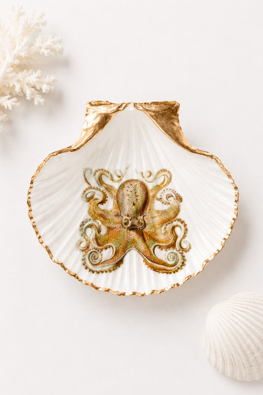 Octopus Scallop Shell Ring Dish, Coastal Jewelry Holder, Beach House Decor, Ocean Lover Gift