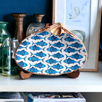 Decoupage Blue & White Clam Shell Ring Dish – Fish Art Coastal Jewelry Holder, Nautical Gift