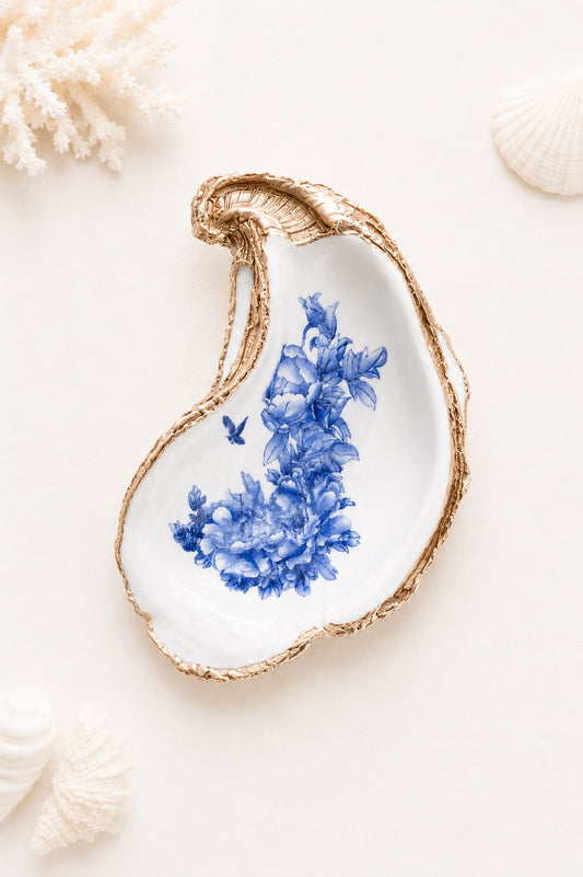 Chinoiserie Decoupage Oyster Shell Ring Dish – Handcrafted Coastal Jewelry Holder, Hostess Gift
