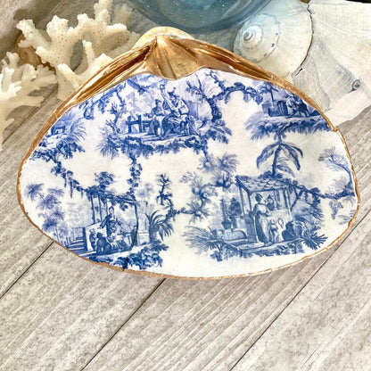 Blue & White Decoupage Clam Shell Trinket Dish Chinoiserie Art