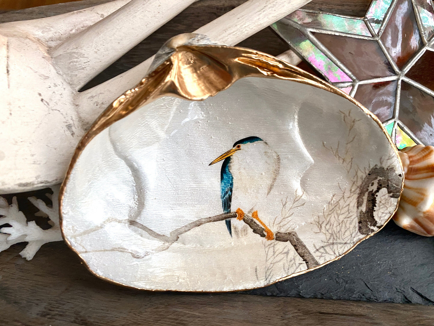 Decoupage Clam Shell Dish Night Heron Bird Art
