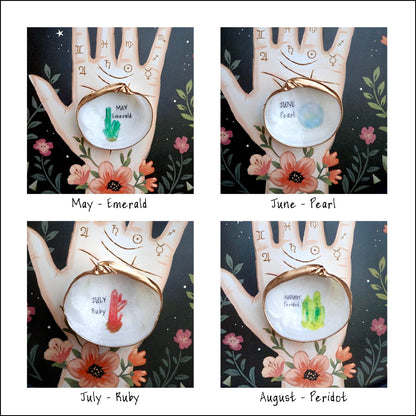 Decoupage Birthstone Clam Shell Ring Dish – Hand-Painted Jewelry Holder, Coastal Decor