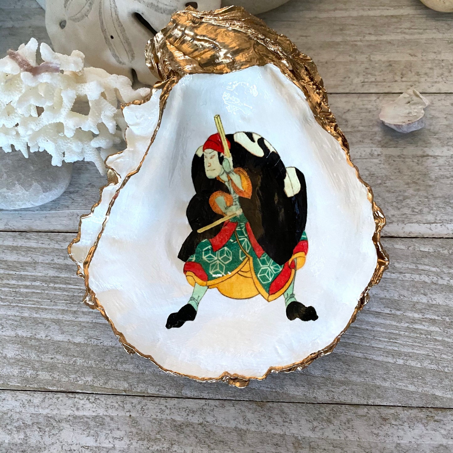 Decoupage Oyster Shell Trinket Dish Samurai Art