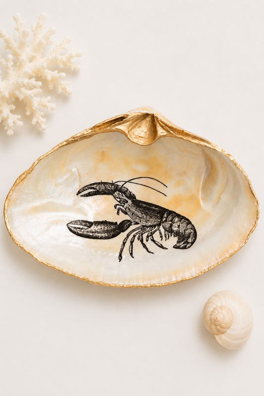 Decoupage Lobster Clam Shell Ring Dish – Coastal Jewelry Holder, Nautical Gift