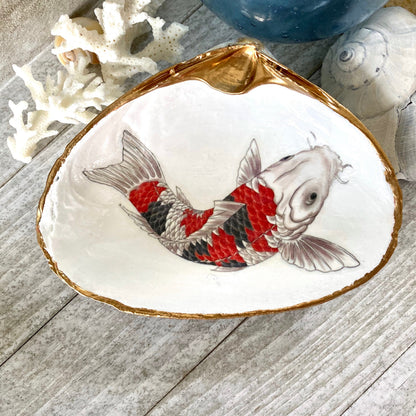 Koi Fish Decoupage Clam Shell Ring Dish – Handcrafted Coastal Trinket Holder, Nautical Gift