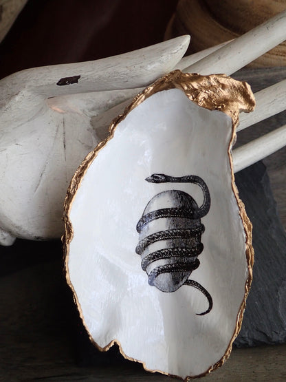 Decoupage Orphic Egg Oyster Shell Ring Dish – Handcrafted Esoteric Art, Greek Mythology Gift