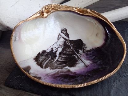 Decoupage Clam Shell Ring Dish – Charon Ferryman Design, Mythological Gothic Art
