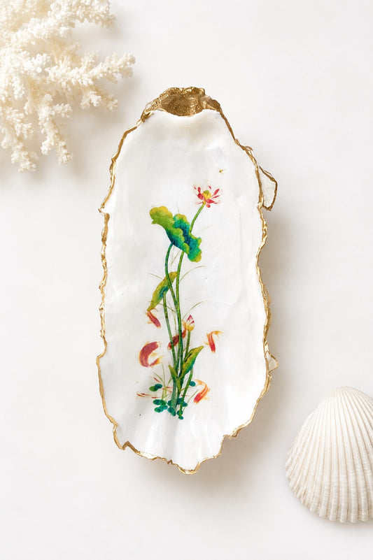 Water Lily Oyster Shell Trinket Dish – Hand-Painted Decoupage Art