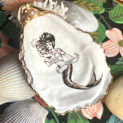 Decoupage Mermaid Oyster Shell Ring Dish – Hand-Painted Coastal Decor, Gold & Pearl Accent, Sailor Gift