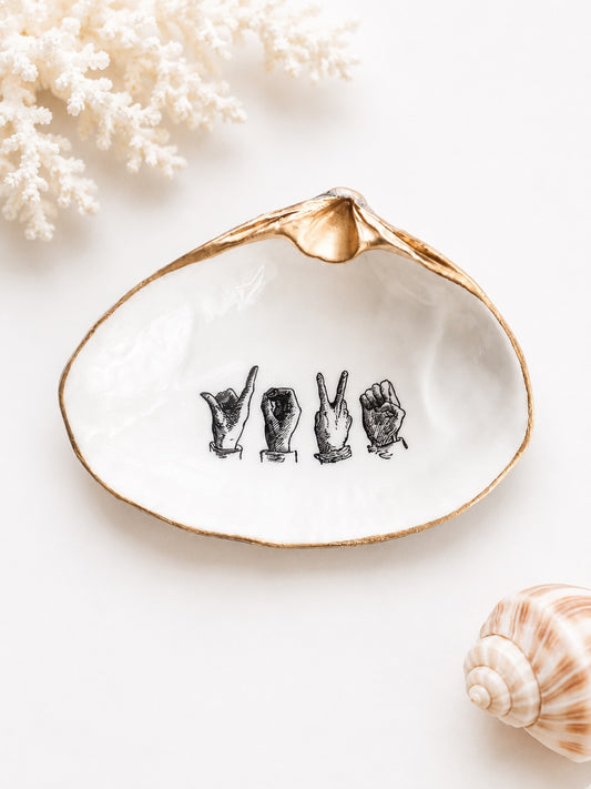 American Sign Language "Love" Decoupage Clam Shell Trinket Dish