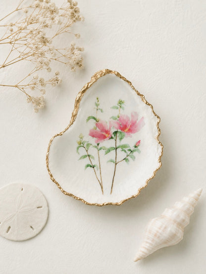 Decoupage Oyster Shell Trinket Dish – Hibiscus Flower Art