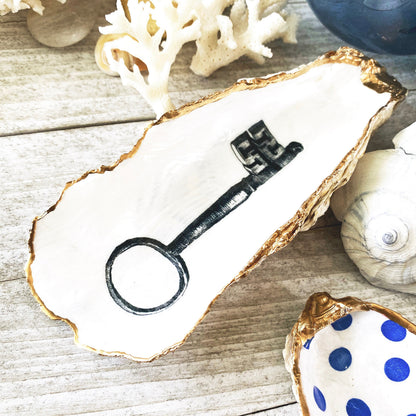 Decoupage Oyster Shell Jewelry Dish – Vintage Skeleton Key, Beach House Accent