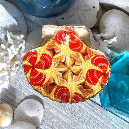Escher Inspired Scallop Shell Ring Dish, Gold Rim Jewelry Holder, Coastal Art Gift, Beach House Decor