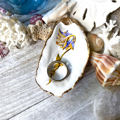 Decoupage Oyster Shell Trinket Dish Columbine Flower Art