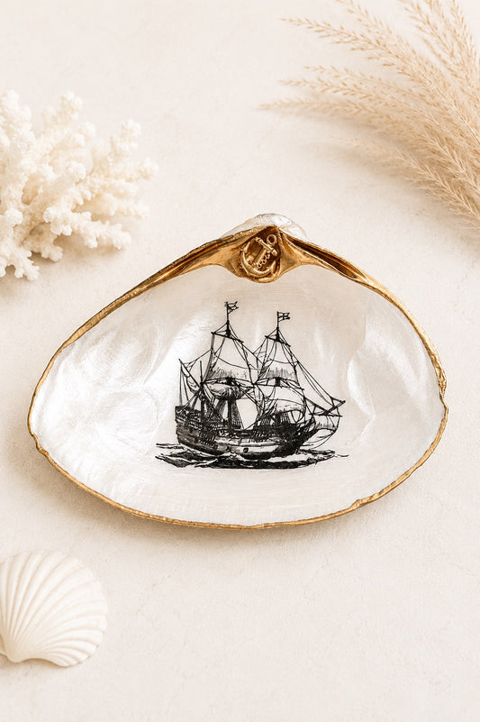 Decoupage Clam Shell Trinket Dish Tall Ship Art