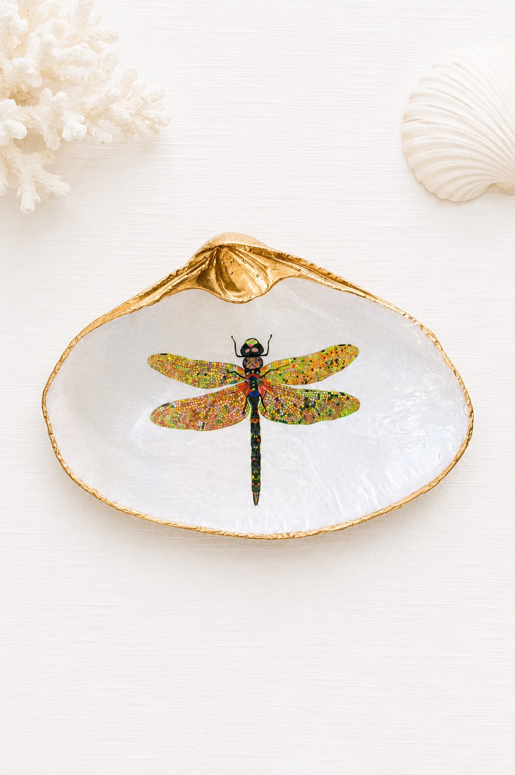 Decoupage Clam Shell Trinket Dish Dragonfly Art