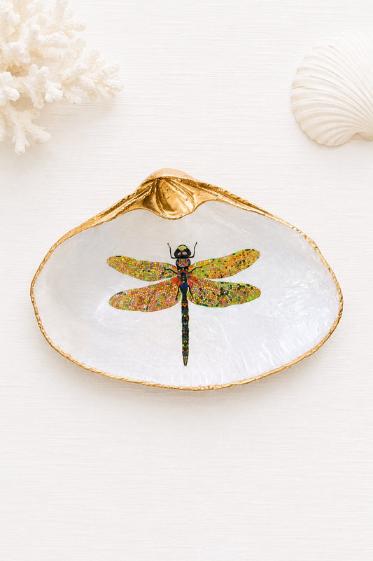 Decoupage Clam Shell Trinket Dish Dragonfly Art