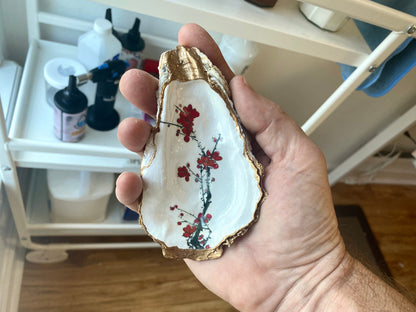 Cherry Blossom Oyster Shell Trinket Dish – Hand-Crafted Decoupage Art