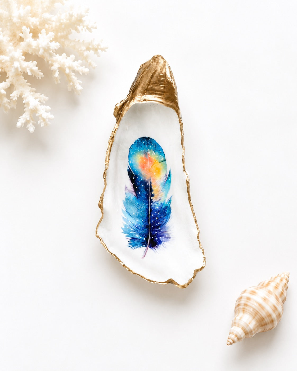 Decoupage Oyster Shell Trinket Dish - Feather Design, Beach House Decor