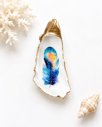 Decoupage Oyster Shell Trinket Dish - Feather Design, Beach House Decor